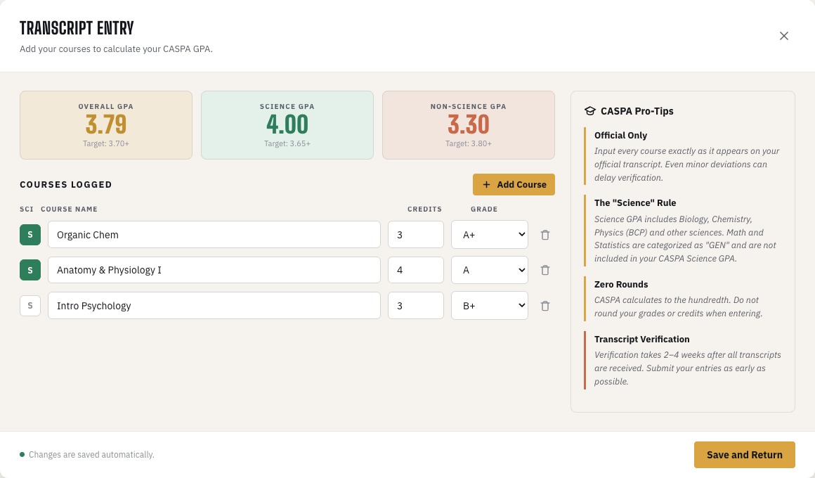 CASPA Command transcript entry with live overall, science, and non-science GPA calculation