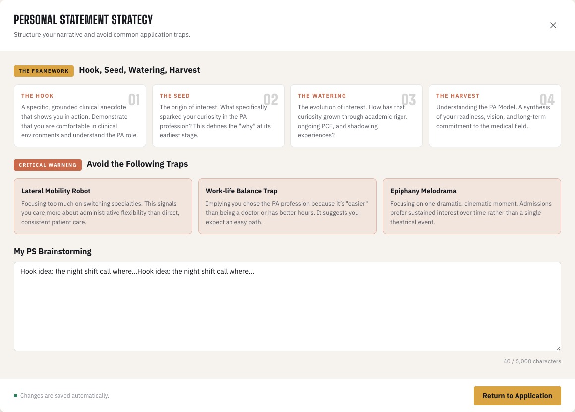 CASPA Command personal statement strategy with the Hook Seed Watering Harvest framework and essay traps to avoid